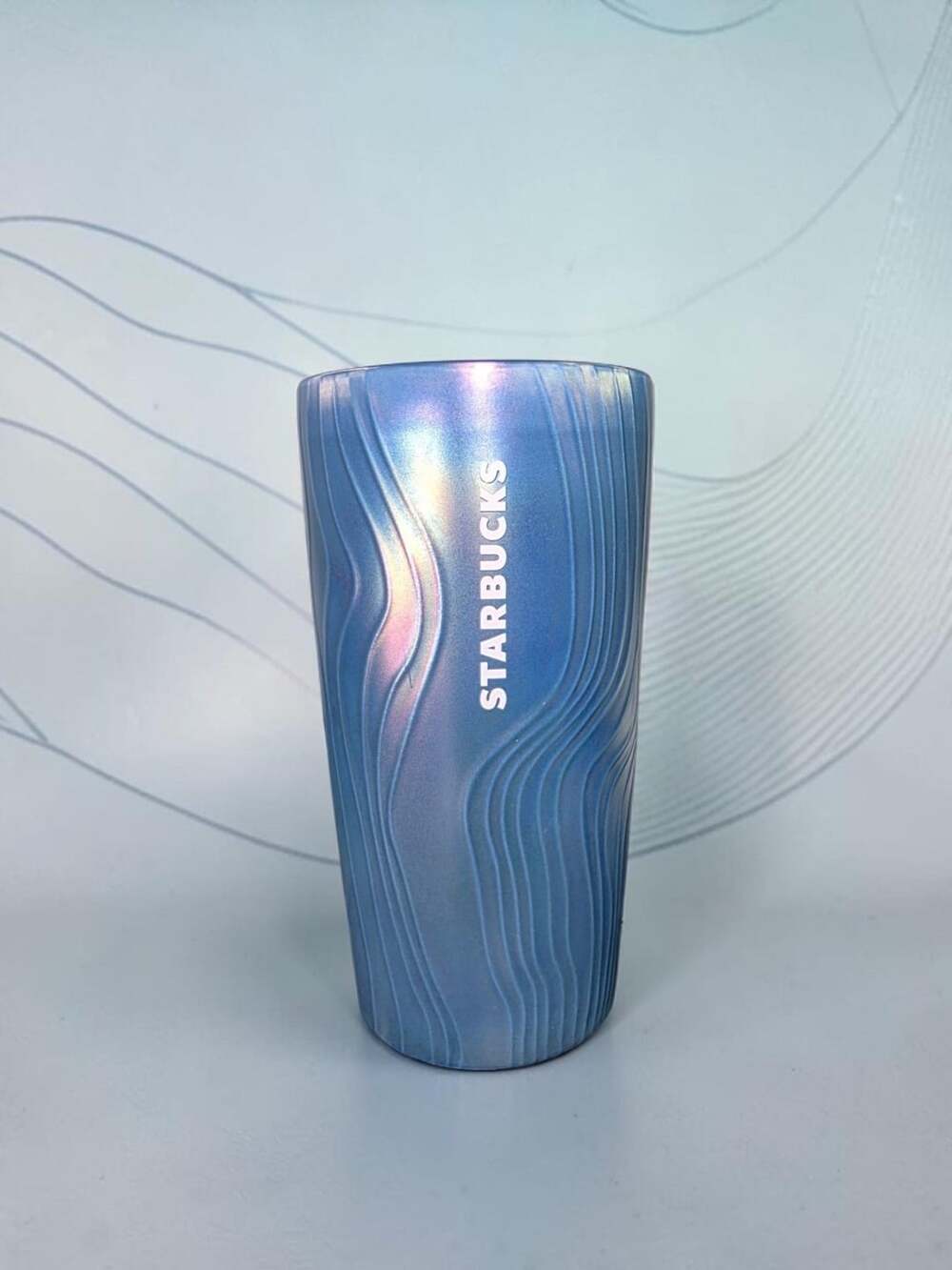 Starbucks 12 oz Blue Iridescent Wavy Travel Mug Coffee Tumbler with Pink Lid